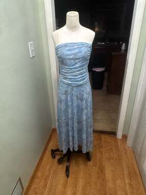 See You Monday Blue Paisley Floral Strapless Ruched Maxi Dress